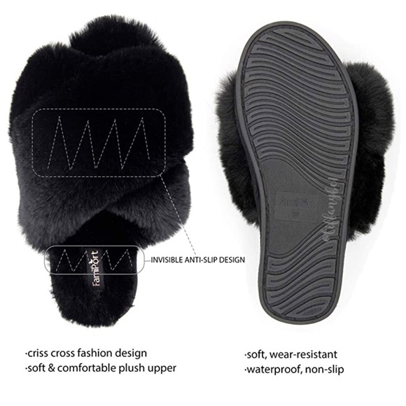 Fluffy Faux Bunny Fur Cross Band Slippers Black - Picture 2 of 8
